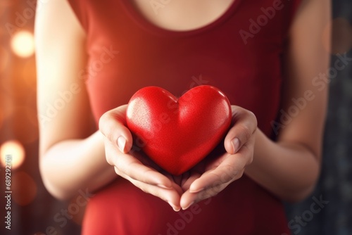 A woman holding a red heart in her hands. Perfect for Valentine s Day promotions or expressing love and affection