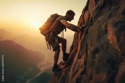 A man is shown climbing up the side of a mountain. This image can be used to depict determination, conquering challenges, and the pursuit of goals