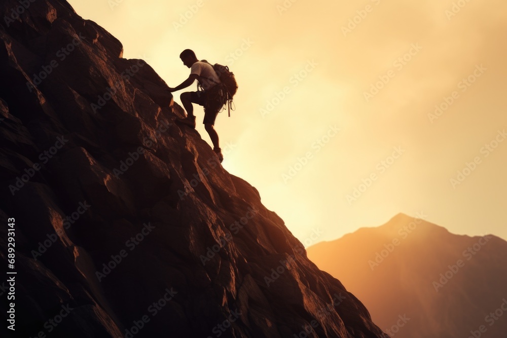 A person climbing up a steep mountain with a backpack. Perfect for adventure and outdoor activities A person climbing up a steep mountain with a backpack. Perfect for adventure and outdoor activities