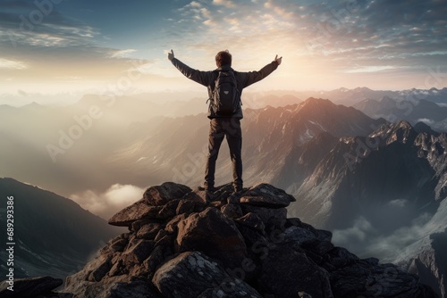 A man standing on top of a mountain, with his arms outstretched. This image captures the feeling of freedom and triumph. Perfect for inspirational and adventure-themed projects