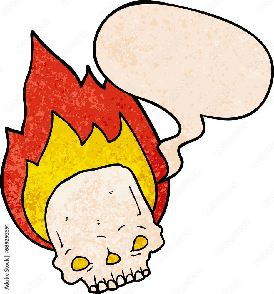 spooky cartoon flaming skull with speech bubble in retro texture style spooky cartoon flaming skull with speech bubble in retro texture style