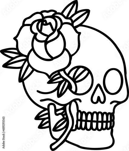 tattoo in black line style of a skull and rose