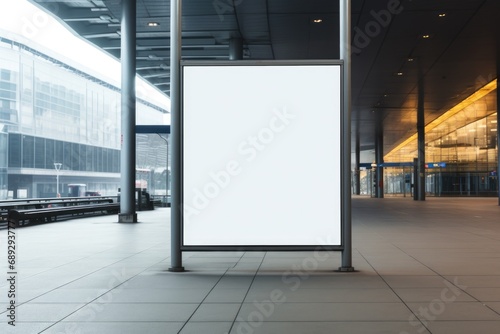 A blank billboard stands in a train station. Suitable for advertising or displaying information.