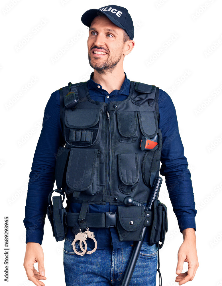 Young handsome man wearing police uniform looking away to side with smile on face, natural expression. laughing confident. Young handsome man wearing police uniform looking away to side with smile on face, natural expression. laughing confident.