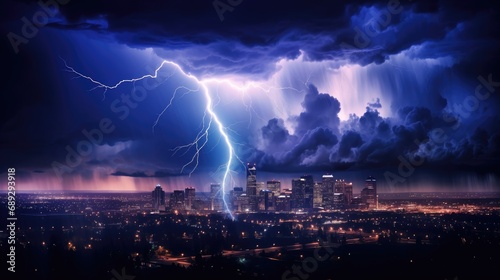 Bright lightning electrifies the black sky  creating a dramatic cityscape during a thunderstorm