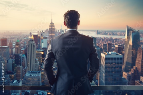 A man in a suit stands at a vantage point, gazing at the city below. This image can be used to depict concepts such as urban life, success, business, or leadership photo
