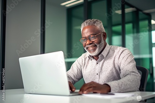 Smiling busy older professional business man working on laptop sitting at desk. Older mature businessman, happy male executive manager typing on computer using pc technology in office. © Malynka