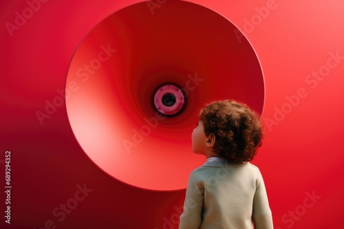 A young child stands in front of a large red object. This image can be used to depict curiosity, exploration, or the concept of size comparison