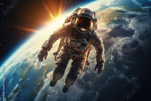 A man in a space suit floating in the air. Perfect for science fiction or space exploration concepts