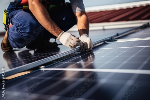 A man is shown installing a solar panel on a roof. This image can be used to showcase the process of installing solar panels and promote sustainable energy solutions photo