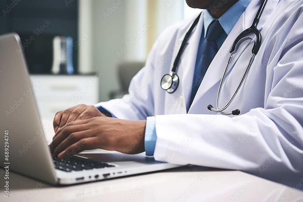 A man wearing a lab coat is seen typing on a laptop. This image can be used to depict a scientist or researcher working on a computer in a laboratory setting A man wearing a lab coat is seen typing on a laptop. This image can be used to depict a scientist or researcher working on a computer in a laboratory setting