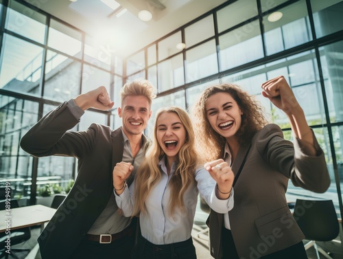 enthusiastic employees, celebrating a significant business achievement with a triumphant fist bump. bright light of a contemporary office, their faces glowing with shared success. generative AI photo