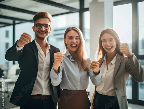 enthusiastic employees, celebrating a significant business achievement with a triumphant fist bump. bright light of a contemporary office, their faces glowing with shared success. generative AI
