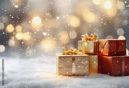 Christmas gift boxes on snow with bokeh background. Christmas and New Year concept. © Gallery BD