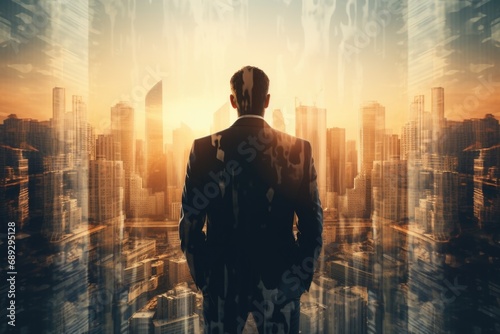 A man dressed in a suit standing in front of a city. Suitable for business and urban lifestyle concepts