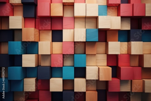 A bunch of wooden cubes stacked together. Can be used as a symbol of unity, creativity, or building blocks.