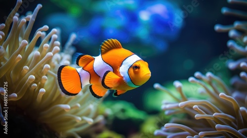 Underwater ballet: A small orange clown fish, Amphiprion, dances and plays in vibrant blue waters.