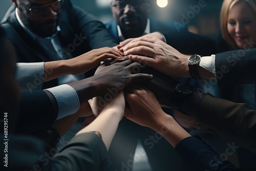 A group of people standing in a circle and joining their hands together. Can be used to represent teamwork, unity, collaboration, or support