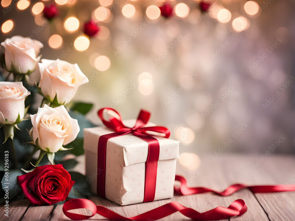 Elegance in Bokeh: Roses and Ribboned Gift Creating a Blissful Background for New Year's and Valentine's Day Celebrations. generative AI Elegance in Bokeh: Roses and Ribboned Gift Creating a Blissful Background for New Year's and Valentine's Day Celebrations. generative AI