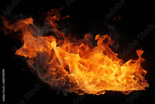 A close-up view of a vibrant fire burning on a black background. This captivating image captures the intense heat and mesmerizing flames.