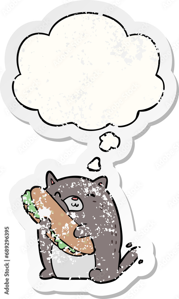 cartoon cat with sandwich with thought bubble as a distressed worn sticker cartoon cat with sandwich with thought bubble as a distressed worn sticker