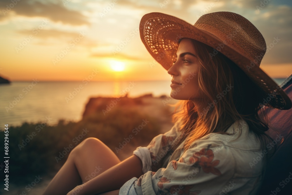 A woman sitting on a beach wearing a hat. Suitable for travel and vacation themes