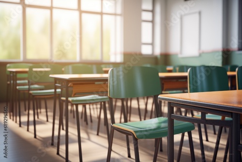 A classroom with green chairs and a wooden table. Suitable for educational concepts and school-related themes