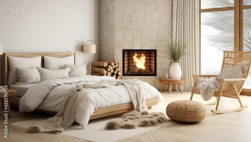 Cozy bedroom with a bed in the foreground, a fireplace with fire, logs, and a relaxing chair by a large window overlooking a winter landscape.