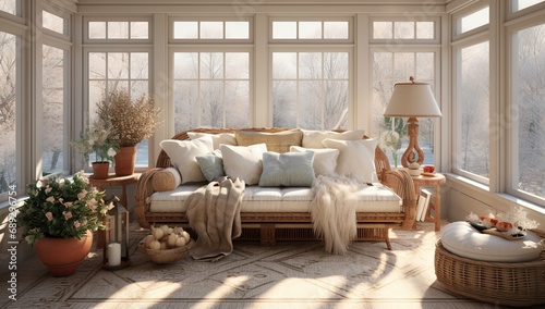 Cozy winter sunroom with a soft sofa, many cushions, potted plants, and a view of the snowy landscape through panoramic windows.