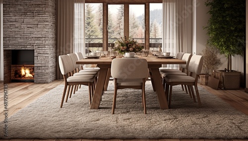 Spacious dining room with a wooden table and chairs, a fireplace, and a panoramic view of the mountain landscape through large windows. photo