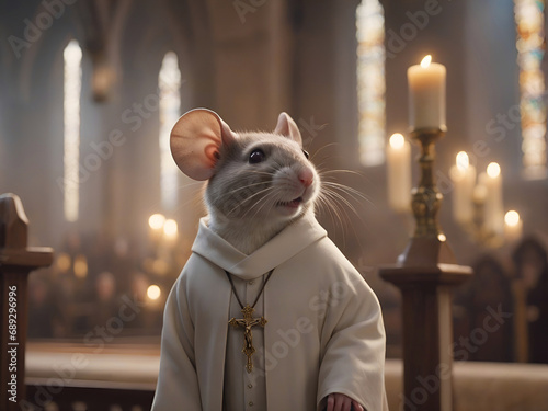 Raton vestido de cura en una iglesia photo