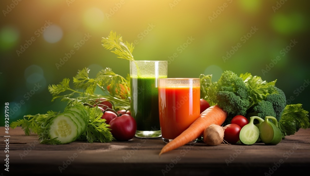 Glasses of green and red vegetable juices on a wooden surface, surrounded by fresh vegetables including broccoli, tomatoes, and cucumbers, against a backdrop of green lighting. Glasses of green and red vegetable juices on a wooden surface, surrounded by fresh vegetables including broccoli, tomatoes, and cucumbers, against a backdrop of green lighting.