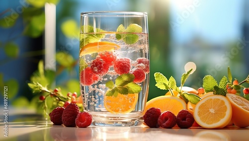 A clear glass with sparkling beverage, lemon, raspberries, and mint against a backdrop of sunlight and greenery.