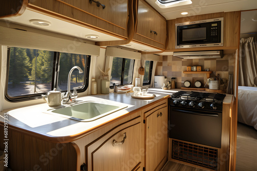 Kitchen interior in recreational vehicle.