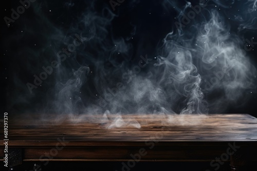 Smoke rising from a wooden table. Can be used to illustrate concepts such as fire, danger, or cooking