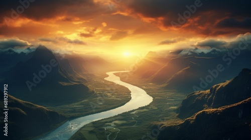 The sun casting a golden hue over a tranquil river, as it flows through a picturesque valley.