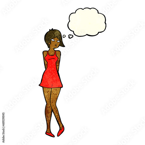 cartoon pretty woman in dress with thought bubble