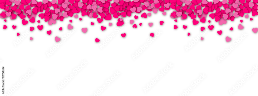 Valentines day background design with pink heart stickers scattered on a white background. Paper hearts with realistic shadow. Vector background EPS 10