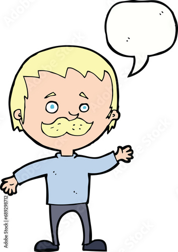 cartoon man with mustache waving with speech bubble