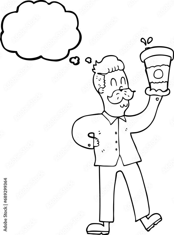freehand drawn thought bubble cartoon man with coffee cups freehand drawn thought bubble cartoon man with coffee cups