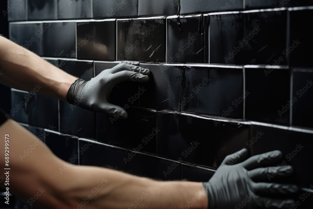 hands of the tiler are laying black ceramic tile on the wall. ai generated - obrazy, fototapety, plakaty 