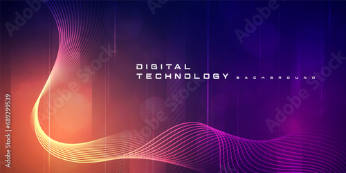 Digital technology futuristic big data orange purple background, cyber nano information, abstract communication, Ai innovation future tech data, internet network speed connection line dot illustration