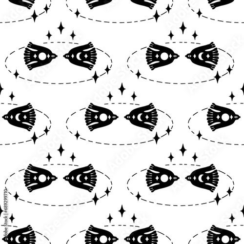 Monochrome seamless pattern with flying moon birds in the space. Mystic print for tee, paper, textile and fabric. Doodle vector illustration.