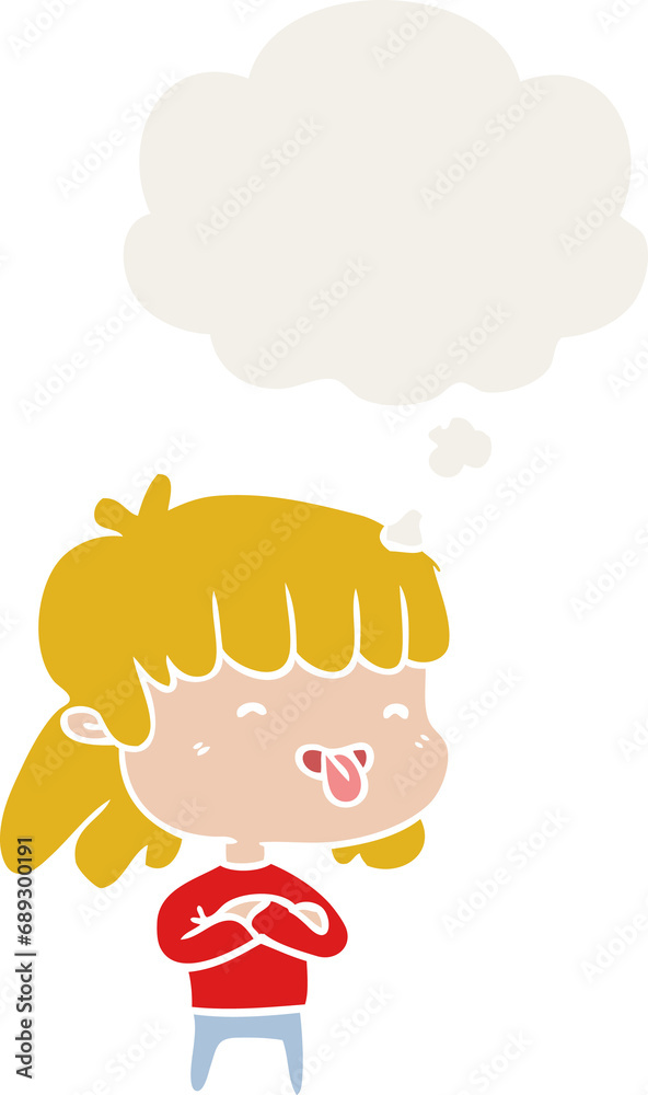 cartoon girl sticking out tongue with thought bubble in retro style