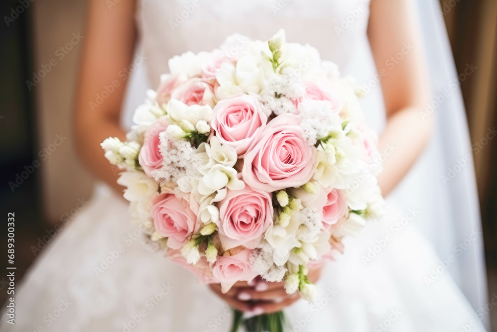 The bride holds a beautiful wedding bouquet of pink and white flowers in her hands