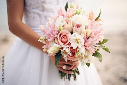 The bride holds a beautiful wedding bouquet of pink and white flowers in her hands © Mayava