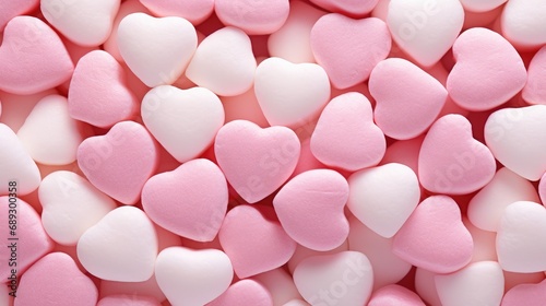 Sweet love affair: Heart marshmallows create a romantic background in shades of pink and white.