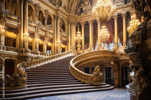 Interior of a beautiful formal building, opera, staircase, lights and columns. Vintage, antique