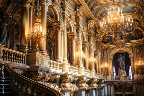 Interior of a beautiful formal building, opera, staircase, lights and columns. Vintage, antique