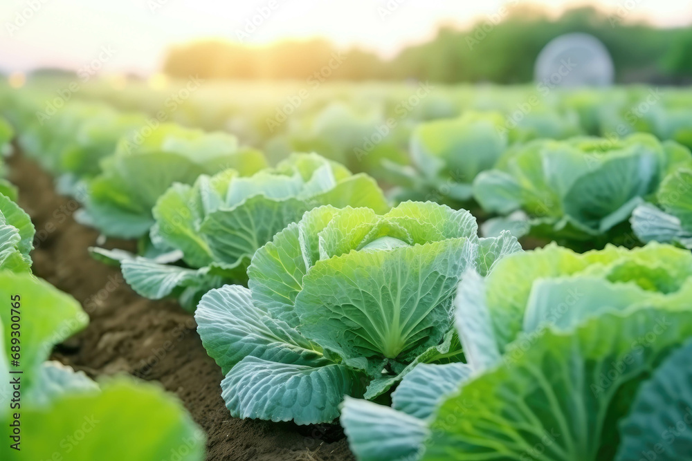 Cabbage plantations grow in the field. vegetable rows. farming, agriculture. Landscape with agricultural land. crops. selective focus Cabbage plantations grow in the field. vegetable rows. farming, agriculture. Landscape with agricultural land. crops. selective focus